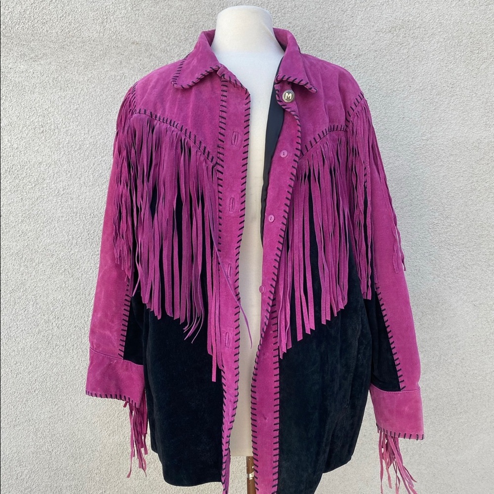 Bob Mackie Western Suede Fringe Leather Jacket 1X Purple & Black Vintage